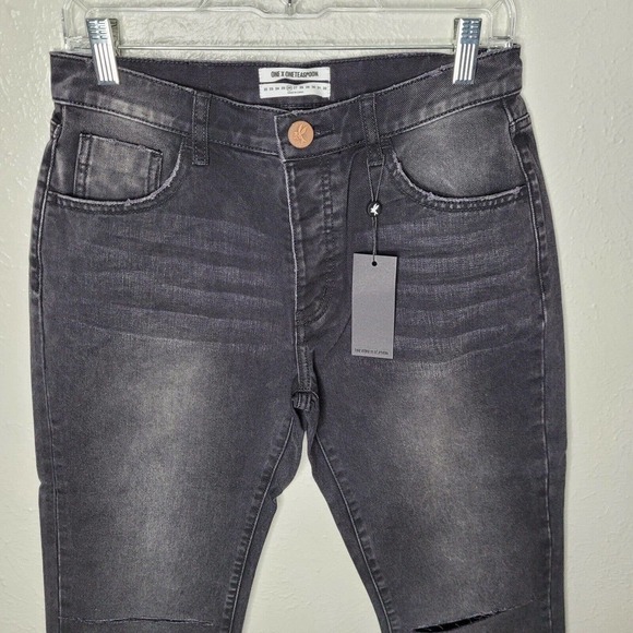 NWT One Teaspoon Jeans 26 Straight Leg Truckers Mid Waist Fray Button Fly black - Picture 2 of 11